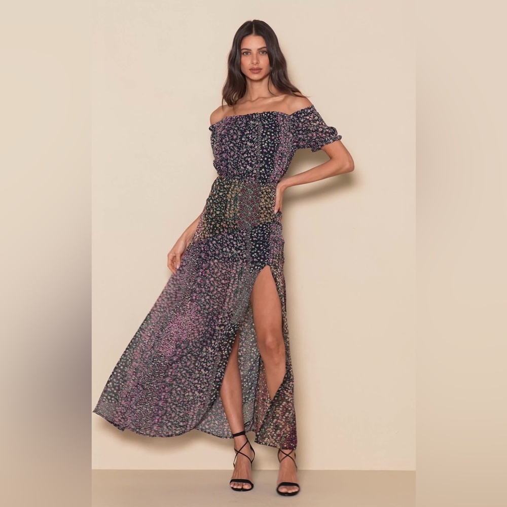 Lulus Neva Navy Blue Floral Print Off-the-Shoulder Maxi Dress